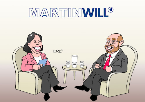 Cartoon: Anne Will (medium) by Erl tagged martin,schulz,spd,kanzlerkandidat,vorsitzender,hoffnungsträger,aufwind,aufschwung,umfragewerte,interview,fernsehen,sendung,anne,will,karikatur,erl,martin,schulz