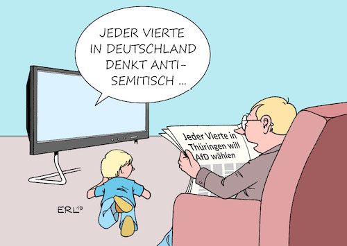 Cartoon: Antisemitismus (medium) by Erl tagged politik,gesellschaft,antisemitismus,deutschland,jeder,vierte,25,prozent,denkmuster,stereotyp,vorurteil,verschwörungstheorie,rechtsextremismus,rechtspopulismus,afd,landtagswahl,thüringen,björn,höcke,flügel,umfragewerte,karikatur,erl,politik,gesellschaft,antisemitismus,deutschland,jeder,vierte,25,prozent,denkmuster,stereotyp,vorurteil,verschwörungstheorie,rechtsextremismus,rechtspopulismus,afd,landtagswahl,thüringen,björn,höcke,flügel,umfragewerte,karikatur,erl