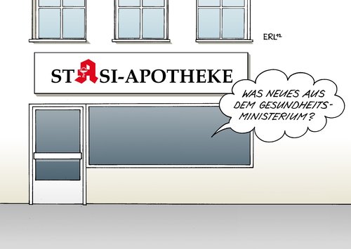 Cartoon: Apotheke (medium) by Erl tagged apotheke,lobby,gesundheitsministerium,spion,it,spezialist,fachmann,computer,pc,information,lobbyist,stasi,apotheke,lobby,gesundheitsministerium,spion,it,spezialist,fachmann,computer,pc,information,lobbyist,stasi