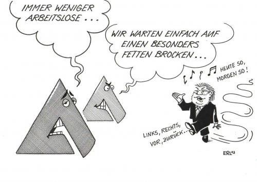 Cartoon: Arbeitslose (medium) by Erl tagged arbeitslosigkeit,beck,arbeitslosigkeit,kurt,beck,arbeitsamt,schlendern,weniger,rückgang,wahlen,flipflop,taumeln,linke,rechte,vor,zurück,singen,noten,musik,ärger,umfragentief,fett,brocken,wählerstimmen,glaubwürdigkeit,enttäuschung,kurt beck