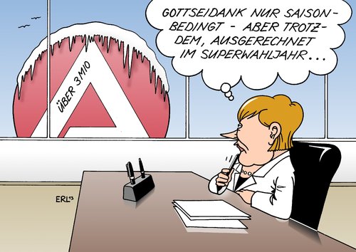 Cartoon: Arbeitslosigkeit (medium) by Erl tagged anstieg,arbeitslosigkeit,winter,eis,schnee,kälte,saison,bundeskanzlerin,angela,merkel,rgierung,wiederwahl,superwahljahr,arbeitslosigkeit,merkel