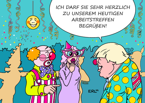 Cartoon: Arbeitstreffen mit Boris Johnson (medium) by Erl tagged politik,großbritannien,uk,premierminister,boris,johnson,skandale,lügen,gartenparty,lockdown,corona,partygate,party,entschuldigung,ausrede,arbeitstreffen,clown,karikatur,erl,politik,großbritannien,uk,premierminister,boris,johnson,skandale,lügen,gartenparty,lockdown,corona,partygate,party,entschuldigung,ausrede,arbeitstreffen,clown,karikatur,erl