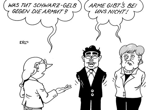 Cartoon: Armut Schwarz-Gelb (medium) by Erl tagged armutsbericht,bundesregierung,koalition,schwarz,gelb,cdu,csu,fdp,beschönigen,frisieren,armut,reichtum,arm,reich,schere,auseinander,vizekanzler,wirtschaftsminister,philipp,rösler,bundeskanzlerin,angela,merkel,wahlkampf,werbung,politik,arme