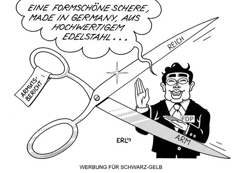 Cartoon: Armutsbericht (medium) by Erl tagged armutsbericht,bundesregierung,koalition,schwarz,gelb,cdu,csu,fdp,beschönigen,frisieren,armut,reichtum,arm,reich,schere,auseinander,vizekanzler,wirtschaftsminister,philipp,rösler,wahlkampf,werbung,politik