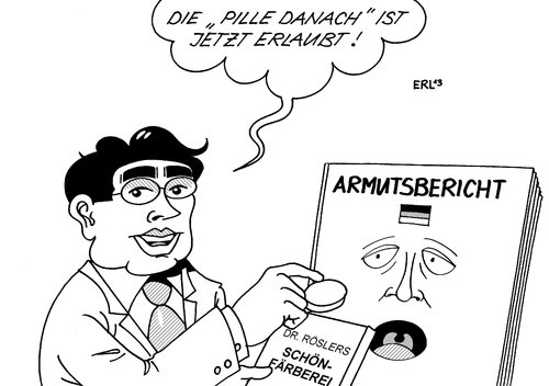 Cartoon: Armutsbericht Pille danach (medium) by Erl tagged armutsbericht,bundesregierung,änderung,vertuschung,schönfärberei,fdp,rösler,pille,danach,bischöfe,deutschland,erlaubnis