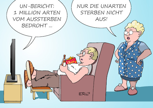 Cartoon: Artensterben (medium) by Erl tagged politik,umwelt,ökologie,un,bericht,biodiversität,artenvielfalt,tiere,pflanzen,aussterben,ursache,mensch,ausbeutung,erde,tilt,unart,karikatur,erl,politik,umwelt,ökologie,un,bericht,biodiversität,artenvielfalt,tiere,pflanzen,aussterben,ursache,mensch,ausbeutung,erde,tilt,unart,karikatur,erl