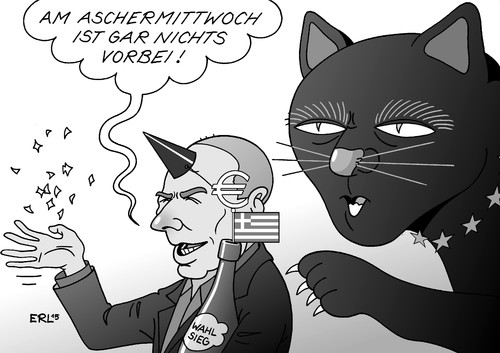 Cartoon: Aschermittwoch (medium) by Erl tagged griechenland,regierung,links,rechts,finanzminister,varoufakis,eurogruppe,verhandlungen,sparkurs,wahlversprechen,wahlsieg,karneval,fastnacht,fasching,aschermittwoch,eu,ezb,iwf,schulden,kater,schäuble