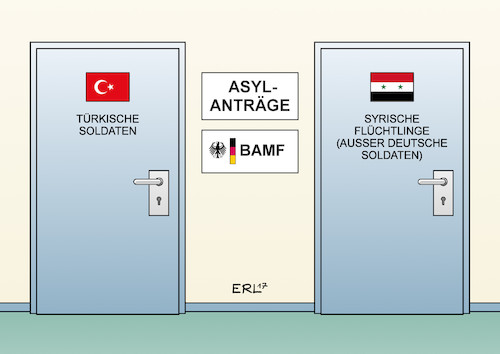 Cartoon: Asyl (medium) by Erl tagged bamf,bundesamt,für,migration,und,flüchtlinge,asyl,türkei,soldaten,präsident,erdogan,putsch,säuberung,verhaftungen,bundeswehr,soldat,rechtsextremismus,terrorismus,anschlag,plan,identität,flüchtling,syrien,karikatur,erl,bamf,bundesamt,für,migration,und,flüchtlinge,asyl,türkei,soldaten,präsident,erdogan,putsch,säuberung,verhaftungen,bundeswehr,soldat,rechtsextremismus,terrorismus,anschlag,plan,identität,flüchtling,syrien,karikatur,erl