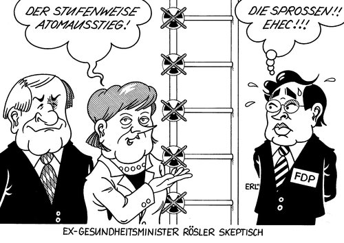 Cartoon: Atomausstieg (medium) by Erl tagged atomausstieg,schwarz,gelb,cdu,csu,fdp,stufenweise,abschaltung,atomkraftwerk,leiter,bakterium,ehec,rösler,bundesgesundheitsminister,keim,skepsis