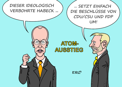 Cartoon: Atomausstieg (medium) by Erl tagged politik,deutschland,ausstieg,atomkraft,atomenergie,beschluss,bundesregierung,cdu,csu,fdp,schwarz,gelb,angela,merkel,atomunglück,supergau,fukushima,japan,umsetzung,koalition,ampel,bündnis90,die,grünen,grüne,wirtschaftsminister,robert,habeck,kritik,friedrich,merz,christian,lindner,karikatur,erl,politik,deutschland,ausstieg,atomkraft,atomenergie,beschluss,bundesregierung,cdu,csu,fdp,schwarz,gelb,angela,merkel,atomunglück,supergau,fukushima,japan,umsetzung,koalition,ampel,bündnis90,die,grünen,grüne,wirtschaftsminister,robert,habeck,kritik,friedrich,merz,christian,lindner,karikatur,erl