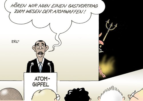 Cartoon: Atomgipfel (medium) by Erl tagged atomgipfel,obama,usa,atomwaffen,reduzierung,gast,vortrag,teufel,teufelszeug,atomgipfel,barack obama,usa,atomwaffen,reduzierung,gast,vortrag,teufel,teufelszeug,barack,obama