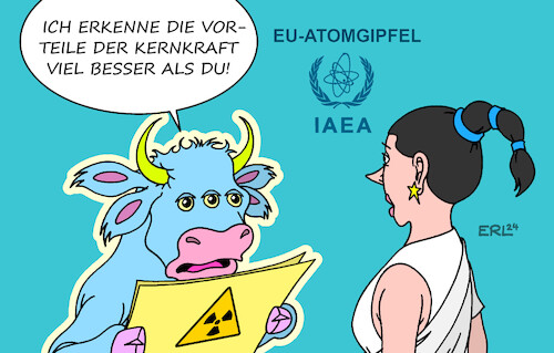 Cartoon: Atomkraft (medium) by Erl tagged politik,energie,energiegewinnung,klima,klimawandel,co2,reduzierung,erneuerbare,wind,solar,wasser,kohle,öl,gas,atomkraft,atomenergie,kernkraft,kernenergie,atomgipfel,eu,brüssel,iaea,europa,stier,atommüll,strahlung,karikatur,erl,politik,energie,energiegewinnung,klima,klimawandel,co2,reduzierung,erneuerbare,wind,solar,wasser,kohle,öl,gas,atomkraft,atomenergie,kernkraft,kernenergie,atomgipfel,eu,brüssel,iaea,europa,stier,atommüll,strahlung,karikatur,erl