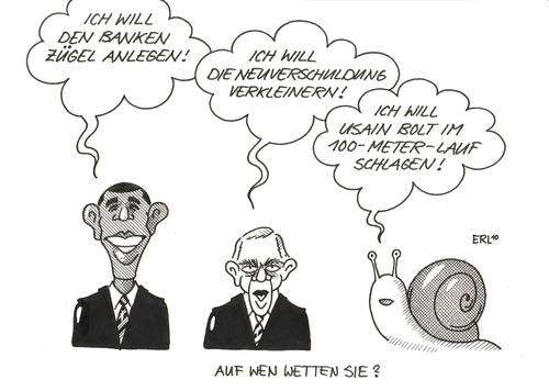 Cartoon: Auf wen wetten Sie? (medium) by Erl tagged barack obama,banken,bank,schulden,neuverschuldung,kürzen,verkleinern,einhundertmeterlauf,versprechen,wette,barack,obama