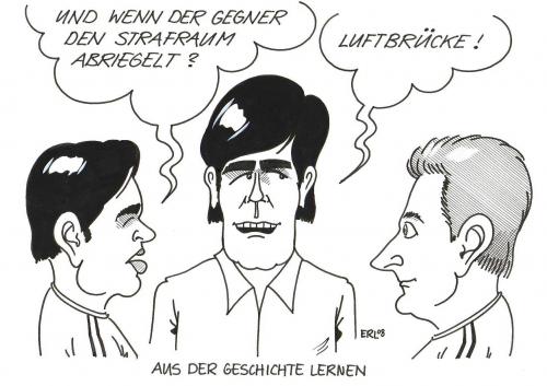 Cartoon: Aus der Geschichte lernen (medium) by Erl tagged luftbrücke,1948,fußball,ballack,löw,klose,euro2008,em,europameisterschaft,politik,fußball,deutschland,mannschaft,trainer,joachim,löw,michael,ballack,miroslav,klose,besprechung,taktik,strategie,geschichte,lernen,luftbrücke,strafraum,gegner,west,berlin,blockade,russen,udssr,1948,2008,sowjetunion,joachim löw,michael ballack