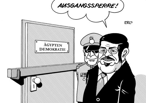 Cartoon: Ausgangssperre (medium) by Erl tagged ägypten,revolution,jahrestag,unruhen,aufstand,todesurteile,ausgangssperre,präsident,mursi,militär,demokratie