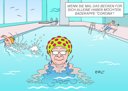 Cartoon: Bademode (medium) by Erl tagged politik,gesundheit,krankheit,infektion,corona,virus,coronavirus,covid19,angst,panik,schwimmbad,badekappe,bademode,karikatur,erl,politik,gesundheit,krankheit,infektion,corona,virus,coronavirus,covid19,angst,panik,schwimmbad,badekappe,bademode,karikatur,erl