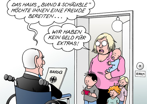 Cartoon: BAföG (medium) by Erl tagged bafög,bundesausbildungsförderungsgeset,bildung,ausbildung,unterstützung,geld,bund,länder,finanzministerium,schäuble,lebensverhältnisse,reichtum,armut,extras,bafög,bundesausbildungsförderungsgesetz,bildung,ausbildung,unterstützung,geld,bund,länder,finanzministerium,schäuble,lebensverhältnisse,reichtum,armut,extras