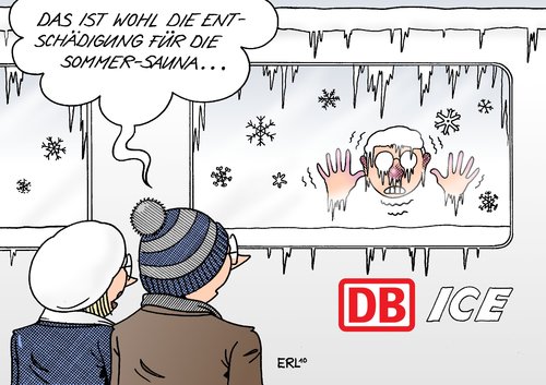 Cartoon: Bahn (medium) by Erl tagged bahn,db,wetter,winter,sommer,kälte,hitze,ausfall,sauna,gefrierschrank,eisschrank,entschädigung,bahn,db,wetter,winter,sommer,kälte,ausfall,sauna,gefrierschrank,eisschrank,entschädigung,kalt,frost,verkehr