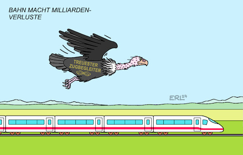 Cartoon: Bahn Verluste (medium) by Erl tagged illustration,politik,deutsche,bahn,milliarden,verluste,unpünktlichkeit,verspätungen,pleitegeier,begleiter,zugbegleiter,pleiten,pech,und,pannen,karikatur,erl,illustration,politik,deutsche,bahn,milliarden,verluste,unpünktlichkeit,verspätungen,pleitegeier,begleiter,zugbegleiter,pleiten,pech,und,pannen,karikatur,erl