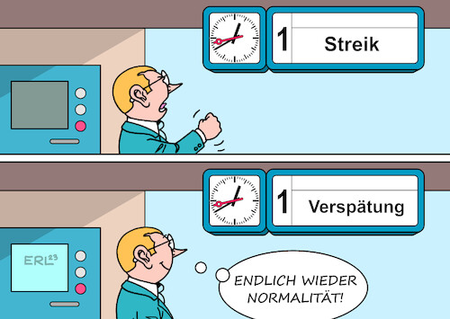 Cartoon: Bahnstreik (medium) by Erl tagged politik,streik,warnstreik,öffentlicher,dienst,bahn,ausfall,verspätung,normalität,karikatur,erl,politik,streik,warnstreik,öffentlicher,dienst,bahn,ausfall,verspätung,normalität,karikatur,erl