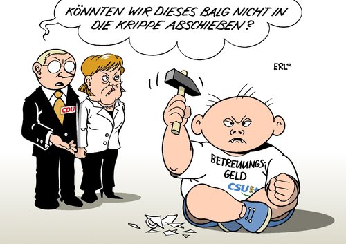 Cartoon: Balg (medium) by Erl tagged betreuungsgeld,csu,konservativ,wähler,wählerstimmen,regierung,koalition,schwarz,gelb,cdu,fdp,kita,kindertagesstätte,kinderkrippe,ausbau,geld,familie,mutter,vater,kind,sozial,benachteiligt,betreuungsgeld,csu,konservativ,wähler,regierung,koalition,schwarz,familie