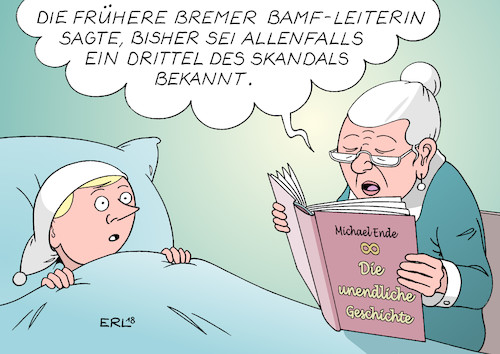 Cartoon: BAMF ohne Ende (medium) by Erl tagged politik,flüchtlingspolitik,bundesamt,für,migration,und,flüchtlinge,bamf,dienststelle,außenstelle,bremen,leiterin,asylanträge,asylbescheide,unrechtmäßig,rechtswidrig,regelwidrig,aufklärung,innenminister,horst,seehofer,csu,ulrike,skandal,unendliche,geschichte,michael,ende,roman,vorlesen,bett,großmutter,michel,karikatur,erl,politik,flüchtlingspolitik,bundesamt,für,migration,und,flüchtlinge,bamf,dienststelle,außenstelle,bremen,leiterin,asylanträge,asylbescheide,unrechtmäßig,rechtswidrig,regelwidrig,aufklärung,innenminister,horst,seehofer,csu,ulrike,skandal,unendliche,geschichte,michael,ende,roman,vorlesen,bett,großmutter,michel,karikatur,erl