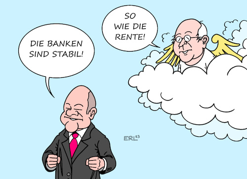 Cartoon: Banken stabil (medium) by Erl tagged politik,finanzen,bank,bankenkrise,bundeskanzler,olaf,scholz,banken,stabil,stabilität,erinnerung,norbert,blüm,rente,sicher,karikatur,erl,politik,finanzen,bank,bankenkrise,bundeskanzler,olaf,scholz,banken,stabil,stabilität,erinnerung,norbert,blüm,rente,sicher,karikatur,erl