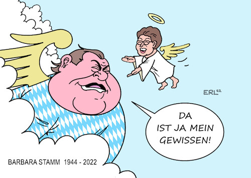 Cartoon: Barbara Stamm (medium) by Erl tagged politik,politikerin,tod,barbara,stamm,csu,würzburg,bayern,landtagspräsidentin,gewissen,franz,josef,strauß,himmel,karikatur,erl,politik,politikerin,tod,barbara,stamm,csu,würzburg,bayern,landtagspräsidentin,gewissen,franz,josef,strauß,himmel,karikatur,erl