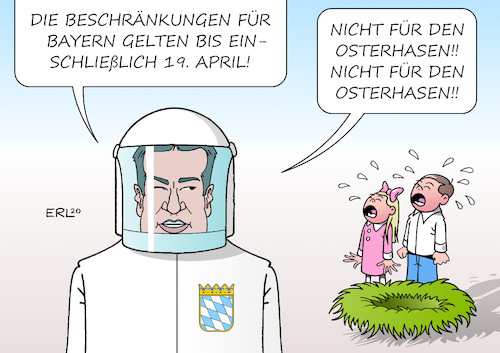 Cartoon: Bayern (medium) by Erl tagged politik,corona,infektion,krankheit,covid19,coronavirus,verhinderung,ansteckung,ausgangsbeschränkung,bundesländer,bayern,verlängerung,nach,ostern,osterhase,osternest,ostereier,kinder,ministerpräsident,markus,söder,csu,karikatur,erl,politik,corona,infektion,krankheit,covid19,coronavirus,verhinderung,ansteckung,ausgangsbeschränkung,bundesländer,bayern,verlängerung,nach,ostern,osterhase,osternest,ostereier,kinder,ministerpräsident,markus,söder,csu,karikatur,erl