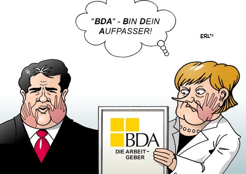 Cartoon: BDA (medium) by Erl tagged bda,kritik,koalitionsverhandlungen,cdu,csu,spd,schwarz,rot,mindestlohn,sozial,wohltaten,bundesverband,arbeitgeber,vereinigung,sigmar,gabriel,angela,merkel,watsche,watschen,bda,kritik,koalitionsverhandlungen,cdu,csu,spd,schwarz,rot,mindestlohn,sozial,wohltaten,bundesverband,arbeitgeber,vereinigung,sigmar,gabriel,angela,merkel,watsche,watschen