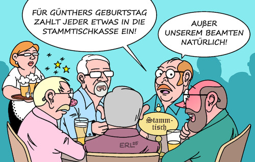 Cartoon: Beamte (medium) by Erl tagged politik,rente,beiträge,vorschlag,bas,rentenkasse,beamte,einzahlen,ablehnung,cdu,csu,stammtisch,karikatur,erl,politik,rente,beiträge,vorschlag,bas,rentenkasse,beamte,einzahlen,ablehnung,cdu,csu,stammtisch,karikatur,erl