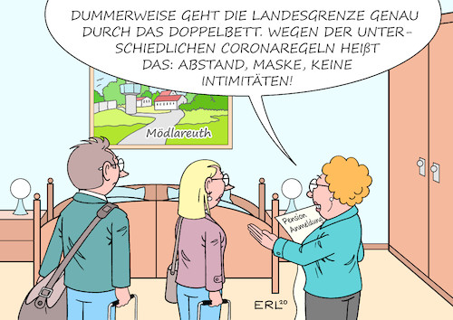 Cartoon: Beherbergung (medium) by Erl tagged politik,corona,virus,pandemie,covid19,zweite,welle,regelungen,unterschiede,bundesländer,reisen,urlaub,beherbergung,risikogebiet,coronatest,landesgrenze,bayern,thüringen,mödlareuth,paar,doppelbett,zimmer,pension,karikatur,erl,politik,corona,virus,pandemie,covid19,zweite,welle,regelungen,unterschiede,bundesländer,reisen,urlaub,beherbergung,risikogebiet,coronatest,landesgrenze,bayern,thüringen,mödlareuth,paar,doppelbett,zimmer,pension,karikatur,erl