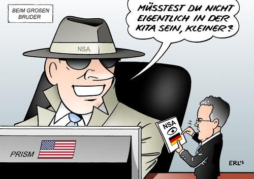 Cartoon: Beim großen Bruder (medium) by Erl tagged nsa,geheimdienst,usa,spähprogramm,prism,abhören,spionieren,email,telefon,internet,deutschland,daten,datenschutz,missachtung,bundesregierung,innenminister,friedrich,beschwerde,bruder,groß,klein,kind,kindertagesstätte,kita,kitaplatz,ausbau,anspruch,usa,geheimdienst,nsa,spähprogramm,prism,abhören,spionieren,email,telefon,internet,deutschland,daten,datenschutz,missachtung,bundesregierung,innenminister,friedrich,beschwerde,bruder,groß,klein,kind,kindertagesstätte,kita,kitaplatz,ausbau,anspruch