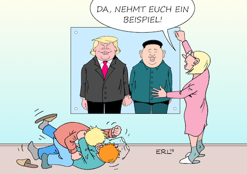 Cartoon: Beispiel I (medium) by Erl tagged politik,gipfel,treffen,usa,präsident,donald,trump,kim,jong,un,diktator,nordkorea,annäherung,beziehungen,vertiefung,frieden,atomwaffen,abrüstung,beispiel,vorbild,kinder,erziehung,karikatur,erl,politik,gipfel,treffen,usa,präsident,donald,trump,kim,jong,un,diktator,nordkorea,annäherung,beziehungen,vertiefung,frieden,atomwaffen,abrüstung,beispiel,vorbild,kinder,erziehung,karikatur,erl