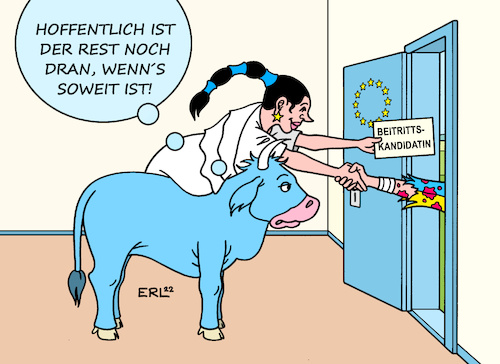 Cartoon: Beitrittskandidatin (medium) by Erl tagged politik,krieg,angriff,überfall,russland,ukraine,reaktion,eu,status,beitrittskandidatin,überleben,staat,mitglied,europa,stier,karikatur,erl,politik,krieg,angriff,überfall,russland,ukraine,reaktion,eu,status,beitrittskandidatin,überleben,staat,mitglied,europa,stier,karikatur,erl