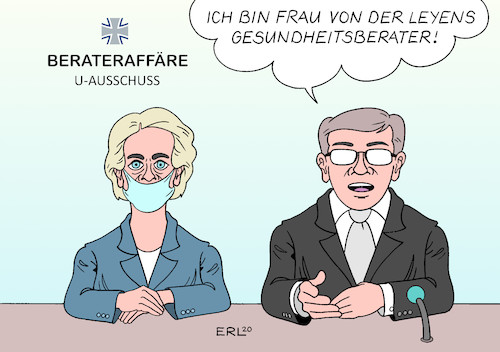 Cartoon: Berateraffäre (medium) by Erl tagged politik,bundeswehr,verteidigungsministerium,berater,aufträge,vergabe,ausschreibung,vetternwirtschaft,untersuchungsausschuss,ursula,von,der,leyen,mundschutz,coronavirus,karikatur,erl,politik,bundeswehr,verteidigungsministerium,berater,aufträge,vergabe,ausschreibung,vetternwirtschaft,untersuchungsausschuss,ursula,von,der,leyen,mundschutz,coronavirus,karikatur,erl