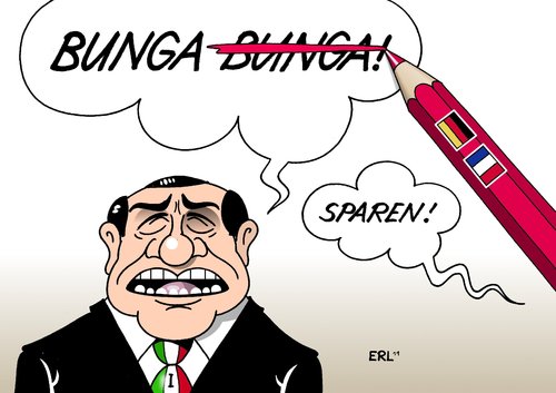 Cartoon: Berlusconi (medium) by Erl tagged bunga,party,affären,rotstift,frankreich,deutschland,berlusconi,silvio,ministerpräsident,sparkurs,sparen,italien,gipfel,krise,schulden,euro,eu,schulden,krise,italien,gipfel,sparen,sparkurs,ministerpräsident,berlusconi,deutschland,frankreich