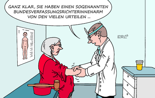 Cartoon: Berufskrankheit (medium) by Erl tagged politik,bundesverfassungsgericht,karlsruhe,urteile,haushalt,schuldenbremse,wahlrechtsreform,arbeit,pensum,hammer,richterin,richter,arm,schmerzen,arzt,berufskrankheit,karikatur,erl,politik,bundesverfassungsgericht,karlsruhe,urteile,haushalt,schuldenbremse,wahlrechtsreform,arbeit,pensum,hammer,richterin,richter,arm,schmerzen,arzt,berufskrankheit,karikatur,erl