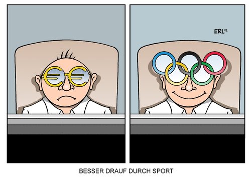 Cartoon: Besser drauf durch Sport (medium) by Erl tagged ringe,tv,fernsehen,freude,ablenkung,sport,2012,london,spiele,olympische,olympia,depression,stimmung,schlecht,nachrichten,schulden,krise,euro