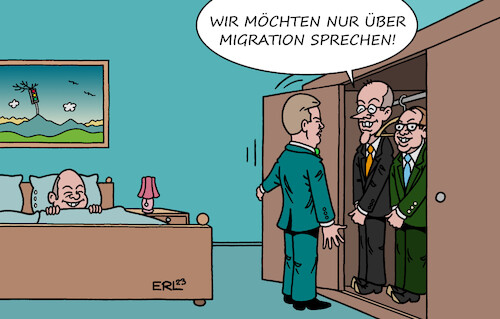 Cartoon: Besuch im Kanzleramt (medium) by Erl tagged politik,kanzleramt,bundeskanzlerolaf,scholz,besuch,friedrich,merz,cdu,alexander,dobrindt,csu,gespräche,migration,zusammenarbeit,verdacht,argwohn,grüne,robert,habeck,schlafzimmer,bett,schrank,karikatur,erl,politik,kanzleramt,bundeskanzlerolaf,scholz,besuch,friedrich,merz,cdu,alexander,dobrindt,csu,gespräche,migration,zusammenarbeit,verdacht,argwohn,grüne,robert,habeck,schlafzimmer,bett,schrank,karikatur,erl