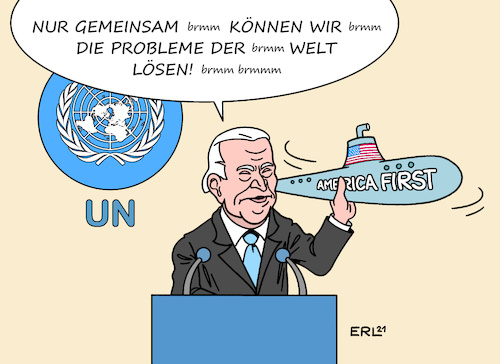 Cartoon: Biden Rede vor UN (medium) by Erl tagged politik,un,vereinte,nationen,vollversammlung,welt,probleme,klima,armut,hunger,corona,gemeinsam,rede,präsident,joe,biden,usa,worte,taten,egoismus,america,first,abzug,afghanistan,boot,deal,großbritannien,australien,ausbootung,frankreich,karikatur,erl,politik,un,vereinte,nationen,vollversammlung,welt,probleme,klima,armut,hunger,corona,gemeinsam,rede,präsident,joe,biden,usa,worte,taten,egoismus,america,first,abzug,afghanistan,boot,deal,großbritannien,australien,ausbootung,frankreich,karikatur,erl