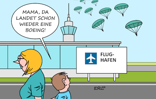 Cartoon: Boeing (medium) by Erl tagged politik,verkehr,luftfahrt,flugzeug,flugzeugbauer,boeing,usa,schlamperei,geiz,wartung,teile,verloren,flug,tür,triebwerk,flughafen,landung,fallschirm,karikatur,erl,politik,verkehr,luftfahrt,flugzeug,flugzeugbauer,boeing,usa,schlamperei,geiz,wartung,teile,verloren,flug,tür,triebwerk,flughafen,landung,fallschirm,karikatur,erl