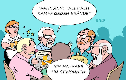 Cartoon: Brände (medium) by Erl tagged politik,klima,klimawandel,erderwärmung,extremwetter,hitze,dürre,waldbrände,brände,wald,feuerwehr,stammtisch,weinbrand,obstbrand,weinbrände,obstbrände,bier,alkohol,kampf,alkoholismus,sucht,karikatur,erl,politik,klima,klimawandel,erderwärmung,extremwetter,hitze,dürre,waldbrände,brände,wald,feuerwehr,stammtisch,weinbrand,obstbrand,weinbrände,obstbrände,bier,alkohol,kampf,alkoholismus,sucht,karikatur,erl