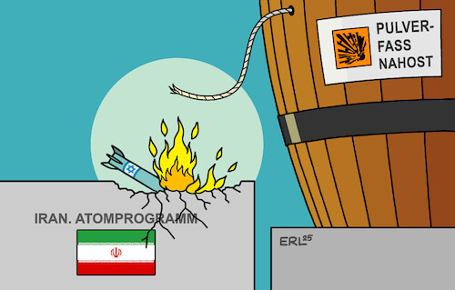 Cartoon: Brandgefährlich (medium) by Erl tagged politik,israel,angriff,atomprogramm,iran,atombombe,feuer,lunte,pulverfass,nahost,karikatur,erl,politik,israel,angriff,atomprogramm,iran,atombombe,feuer,lunte,pulverfass,nahost,karikatur,erl