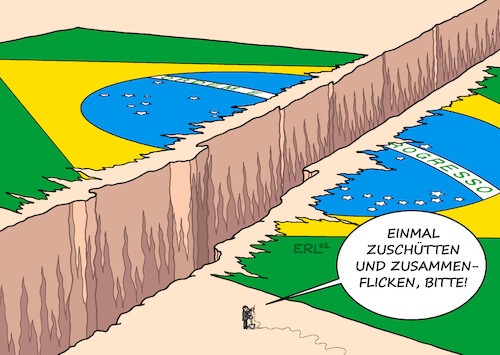 Cartoon: Brasilien (medium) by Erl tagged politik,brasilien,wahl,stichwahl,präsident,amtsinhaber,jair,bolsonaro,partido,liberal,rechtspopulismus,rechtsextremismus,umweltzerstörung,regenwald,herausforderer,luiz,inacio,lula,da,silva,partei,der,arbeiter,links,sozialdemokratisch,wahlsieger,beseitigung,graben,spaltung,zerrissenheit,karikatur,erl,politik,brasilien,wahl,stichwahl,präsident,amtsinhaber,jair,bolsonaro,partido,liberal,rechtspopulismus,rechtsextremismus,umweltzerstörung,regenwald,herausforderer,luiz,inacio,lula,da,silva,partei,der,arbeiter,links,sozialdemokratisch,wahlsieger,beseitigung,graben,spaltung,zerrissenheit,karikatur,erl