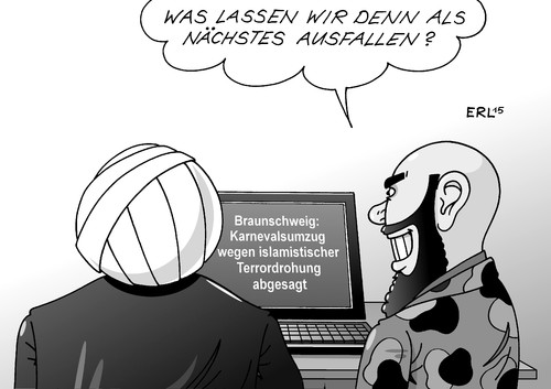 Cartoon: Braunschweig (medium) by Erl tagged braunschweig,karneval,umzug,karnevalsumzug,absage,terror,drohung,terrordrohung,islamismus,angst,freiheit,meinungsfreiheit,aufklärung,werte