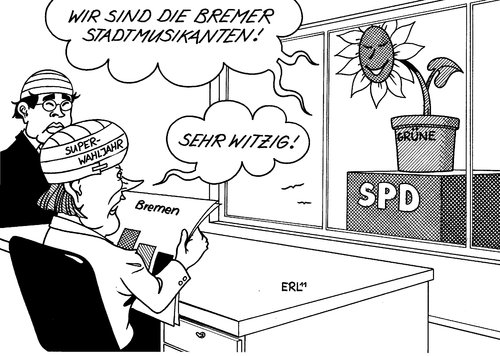 Cartoon: Bremen (medium) by Erl tagged bremen,wahl,bürgerschaft,spd,grüne,fdp,cdu,bundespolitik,biw,superwahljahr,merkel,rösler,dämpfer,bremer,stadtmusikanten