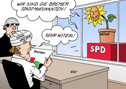 Cartoon: Bremen (medium) by Erl tagged wahl,bremen,bürgerschaft,spd,grüne,cdu,fdp,biw,bundespolitik,superwahljahr,merkel,rösler,dämpfer,bremer,stadtmusikanten,bremen,wahl,bürgerschaft,spd,grüne,fdp,cdu,bundespolitik,biw,superwahljahr,merkel,rösler,dämpfer,bremer,stadtmusikanten