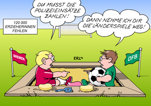 Cartoon: Bremen Fußball (medium) by Erl tagged hansestadt,bremen,kosten,polizeieinsatz,fußballspiel,fußball,bundesliga,dfl,dfb,übernahme,länderspiel,entzug,kind,kinder,sandkasten,kita,kindertagesstätte,erzieher,erzieherin,stelle,fehlen,hansestadt,bremen,kosten,polizeieinsatz,fußballspiel,fußball,bundesliga,dfl,dfb,übernahme,länderspiel,entzug,kind,kinder,sandkasten,kita,kindertagesstätte,erzieher,erzieherin,stelle,fehlen