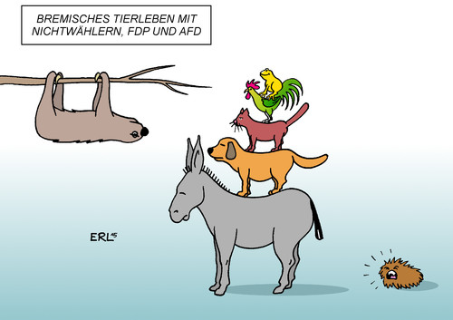 Cartoon: Bremisches Tierleben (medium) by Erl tagged bremen,wahl,bundesland,land,stadtstaat,bürgerschaft,bürgermeister,jens,böhrnsen,spd,zustimmung,beliebtheit,erfolg,wähler,wählerstimmen,wahlsieg,sieg,bremer,stadtmusikanten,esel,hund,katze,hahn,nichtwähler,faultier,fdp,kröte,afd,cdu,linke,karikatur,erl,bremen,wahl,bundesland,land,stadtstaat,bürgerschaft,bürgermeister,jens,böhrnsen,spd,zustimmung,beliebtheit,erfolg,wähler,wählerstimmen,wahlsieg,sieg,bremer,stadtmusikanten,esel,hund,katze,hahn,symbol,nichtwähler,faultier,fdp,kröte,afd,fellknäuel,cdu,linke,grüne,tier,tiere,tierleben,bremisch